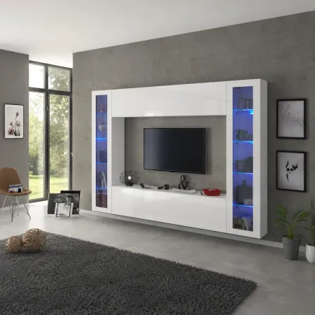 Parete Attrezzata per Soggiorno con 2 Vetrine Bianco Lucido Porta TV