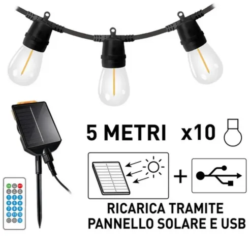 Catena Luci per Gazebo Pergole 10 LED Luce Solare Calda 5m Telecomando