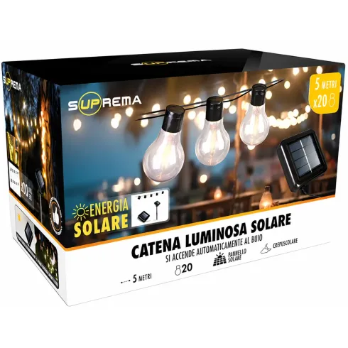 Filo Luci per Gazebo Pergole Energia Solare 20 LED 6W Luce Calda 5m