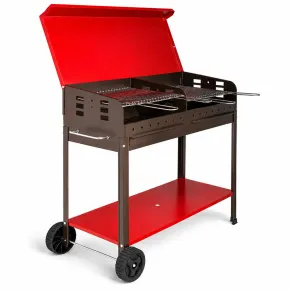 Barbecue Carbonella con Coperchio Ruote Doppia Griglia Rosso Portatile