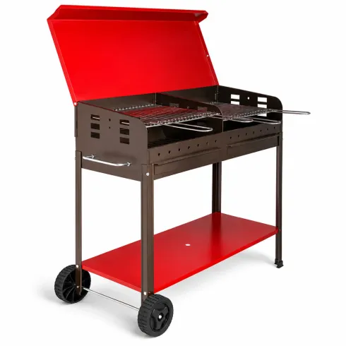 Barbecue Carbonella con Coperchio Ruote Doppia Griglia Rosso Portatile