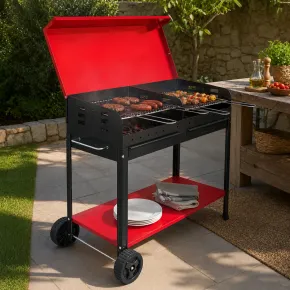 Barbecue Carbonella con Coperchio Ruote Doppia Griglia Rosso Portatile 2