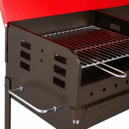Barbecue Carbonella con Coperchio Ruote Doppia Griglia Rosso Portatile
