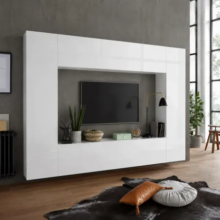 Parete Soggiorno Attrezzata Bianco Lucido Porta TV Pensile Vasistas