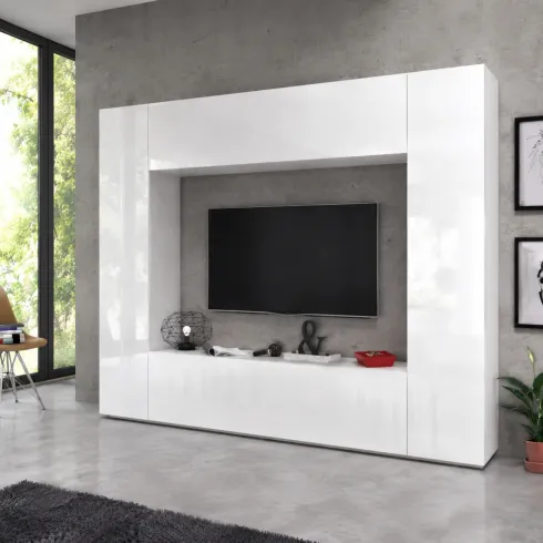 Parete Soggiorno Attrezzata Bianco Lucido Porta TV Pensile Vasistas