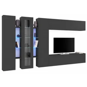Parete Soggiorno Attrezzata Antracite Opaco Moderno Vetrina Porta TV