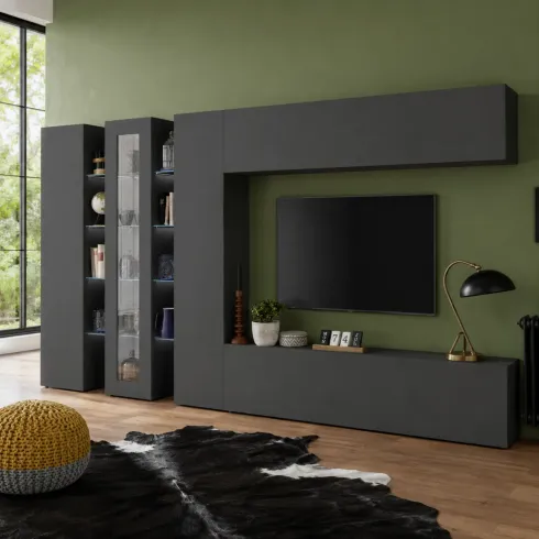 Parete Soggiorno Attrezzata Antracite Opaco Moderno Vetrina Porta TV