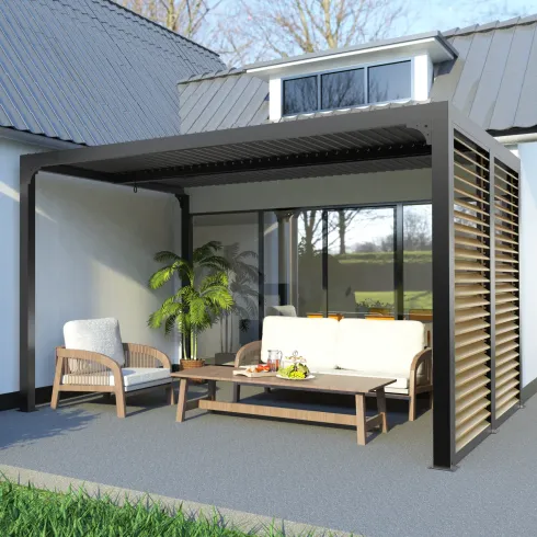 Pergola Bioclimatica in Alluminio con Lamelle Effetto Legno 360x300