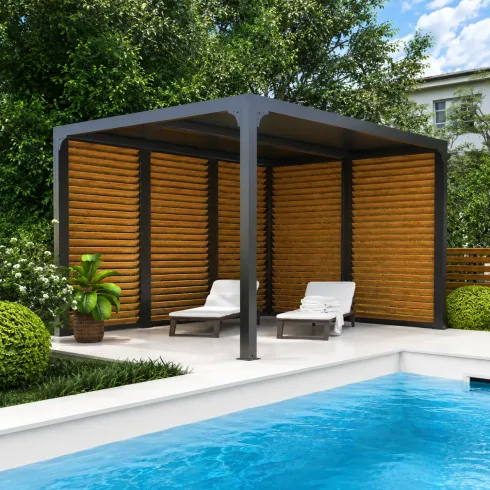 Pergola Bioclimatica 360x300 cm con Lamelle Effetto Legno 2 Lati