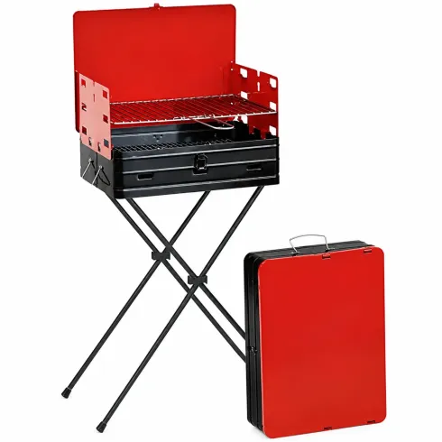 Barbecue a Carbonella Richiudibile a Valigetta con Griglia Regolabile