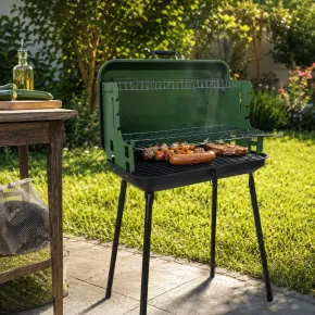 Barbecue a Carbonella Verde a Valigetta con Griglia Regolabile 49x30 cm 2