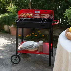 Barbecue da Giardino a Carbonella con Griglia Regolabile Ripiano Ruote 2
