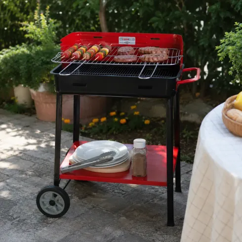 Barbecue da Giardino a Carbonella con Griglia Regolabile Ripiano Ruote
