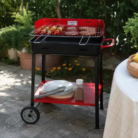 Barbecue da Giardino a Carbonella con Griglia Regolabile Ripiano Ruote