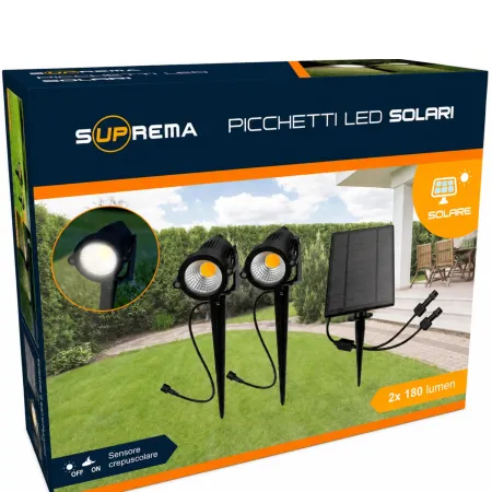 Set 2 Picchetti Luce Solare LED 3W Sensore Crepuscolare Orientabile