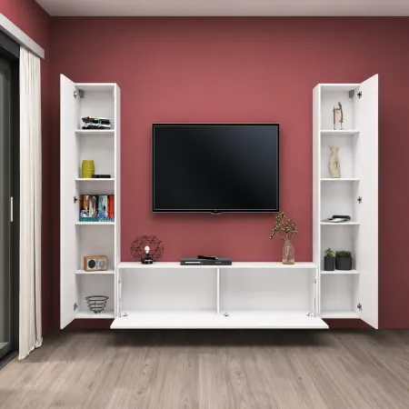 Parete per Soggiorno da Pavimento Sospesa Bianco Lucido Mobile TV