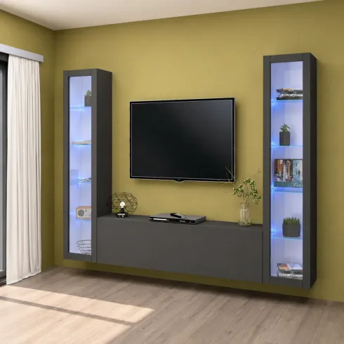 Parete Attrezzata Soggiorno con 2 Vetrine Porta TV Antracite Opaco
