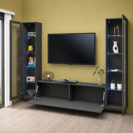 Parete Attrezzata Soggiorno con 2 Vetrine Porta TV Antracite Opaco