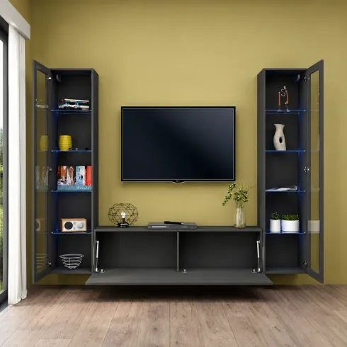 Parete Attrezzata Soggiorno con 2 Vetrine Porta TV Antracite Opaco