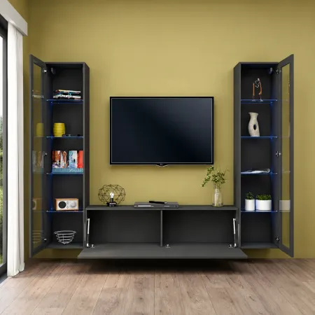 Parete Attrezzata Soggiorno con 2 Vetrine Porta TV Antracite Opaco