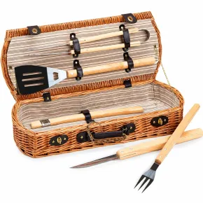 Cesto Barbecue con Set 5 Utensili Valigetta in Vimini per Picnic