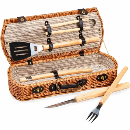 Cesto Barbecue con Set 5 Utensili Valigetta in Vimini per Picnic