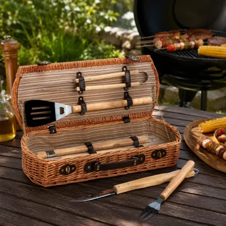Cesto Barbecue con Set 5 Utensili Valigetta in Vimini per Picnic