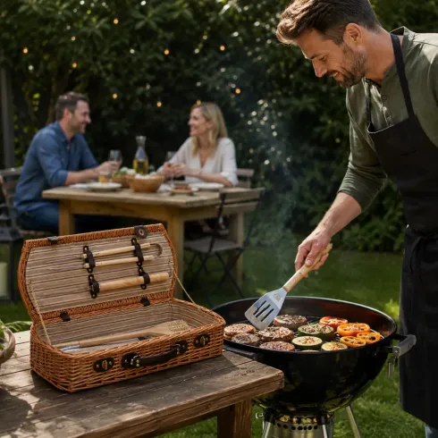 Cesto Barbecue con Set 5 Utensili Valigetta in Vimini per Picnic