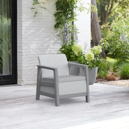 Salotto da Giardino Divano Poltrone Tavolo Contenitore Grigio Cuscini