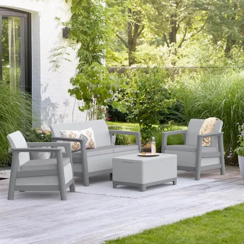 Salotto da Giardino Divano Poltrone Tavolo Contenitore Grigio Cuscini