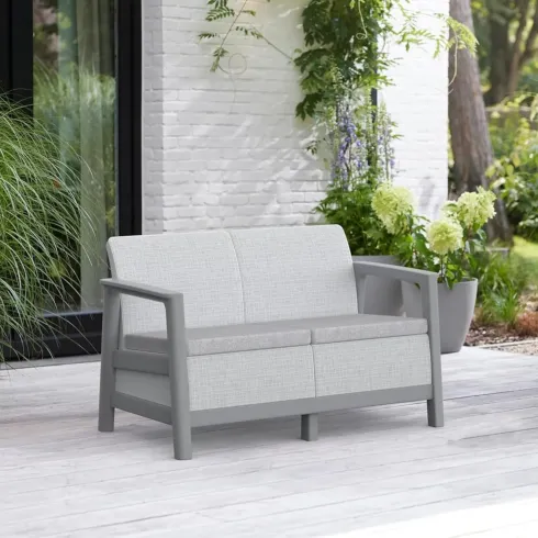 Salotto da Giardino Divano Poltrone Tavolo Contenitore Grigio Cuscini