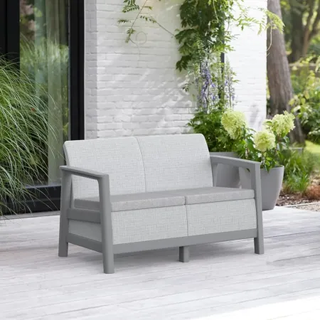 Salotto da Giardino Divano Poltrone Tavolo Contenitore Grigio Cuscini