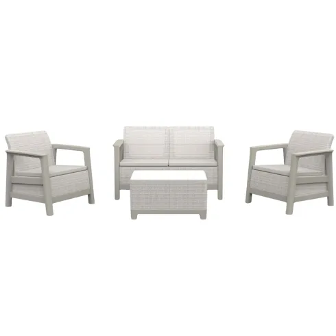 Salotto da Giardino Divano Poltrone Tavolo Contenitore Beige Cuscini