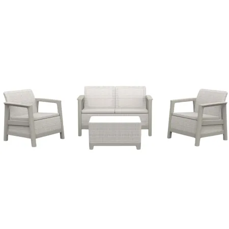 Salotto da Giardino Divano Poltrone Tavolo Contenitore Beige Cuscini