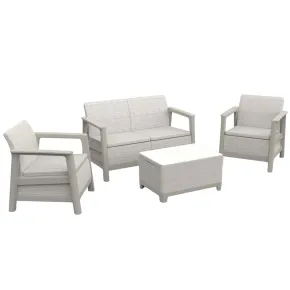 Salotto da Giardino Divano Poltrone Tavolo Contenitore Beige Cuscini