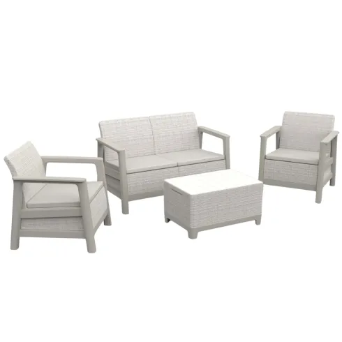 Salotto da Giardino Divano Poltrone Tavolo Contenitore Beige Cuscini