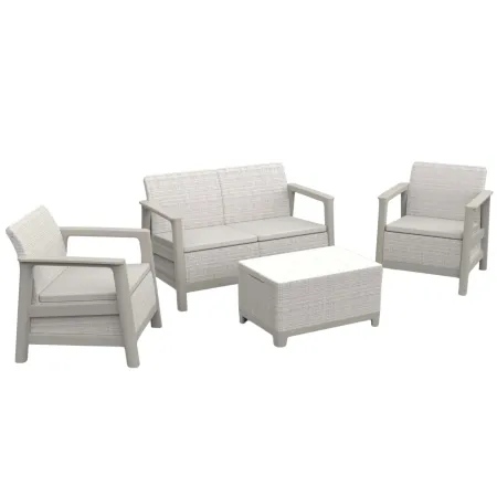 Salotto da Giardino Divano Poltrone Tavolo Contenitore Beige Cuscini