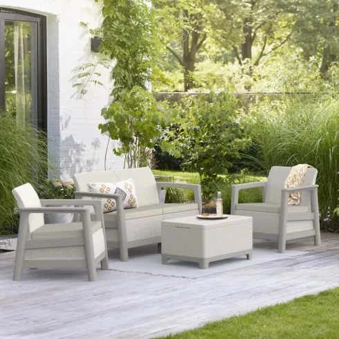 Salotto da Giardino Divano Poltrone Tavolo Contenitore Beige Cuscini