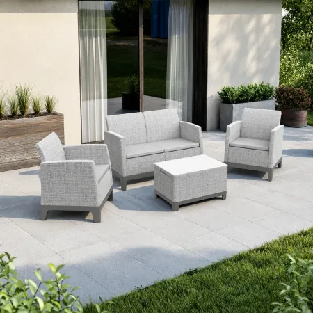 Salotto da Giardino Effetto Juta con Cuscini Grigio Chiaro 4 Posti