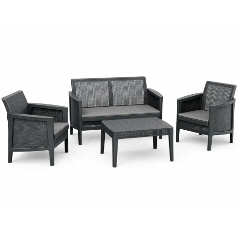 Set Salotto da Giardino Grafite Effetto Juta Divano 2 Poltrone Tavolo