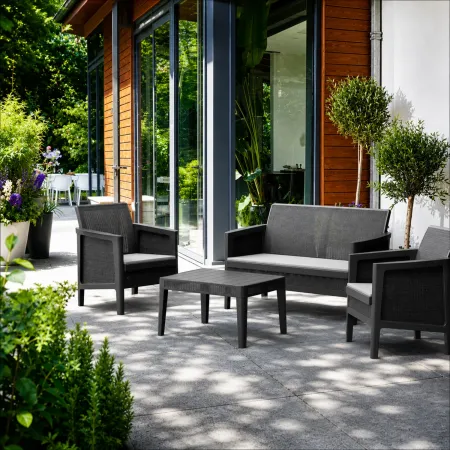 Set Salotto da Giardino Grafite Effetto Juta Divano 2 Poltrone Tavolo
