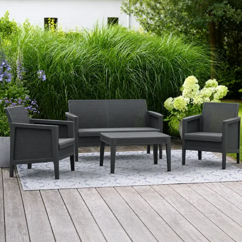 Set Salotto da Giardino Grafite Effetto Juta Divano 2 Poltrone Tavolo