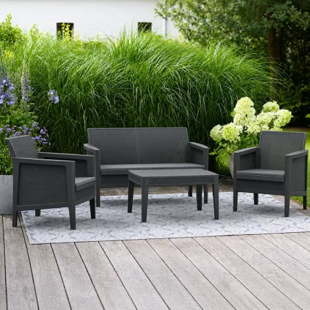 Set Salotto da Giardino Grafite Effetto Juta Divano 2 Poltrone Tavolo