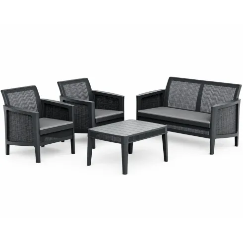 Set Salotto da Giardino Grafite Effetto Juta Divano 2 Poltrone Tavolo
