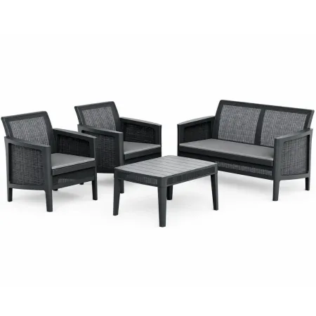 Set Salotto da Giardino Grafite Effetto Juta Divano 2 Poltrone Tavolo
