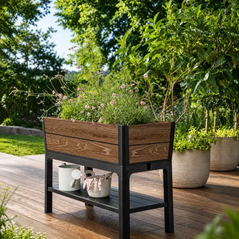 Orto Rialzato Effetto Legno con Ripiano 113x47,5x79,8 cm Marrone