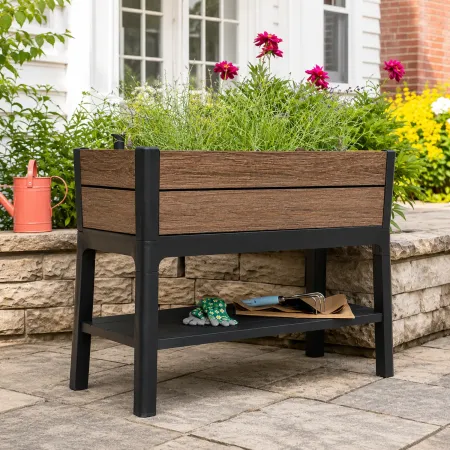 Orto Rialzato Effetto Legno con Ripiano 113x47,5x79,8 cm Marrone