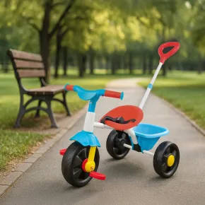 Triciclo Bambini Blu Rosso Giallo in Metallo Cestino Ribalta Cintura 2