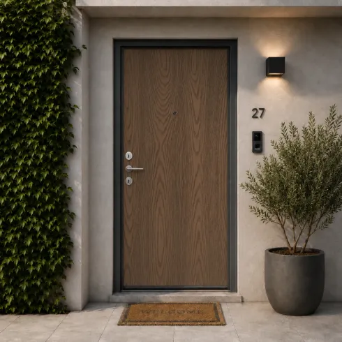 Pannello per Porta Blindata Alluminio Noce Venature Verticali 90x210 cm
