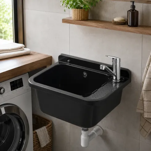 Lavabo per Esterno Nero 50x34 cm Lavello a Muro Pilozzo per Lavanderia